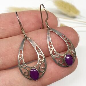 Vintage Mf Signed Sterling Silver 925 Filigree Purple Cabochon Drop Earrings